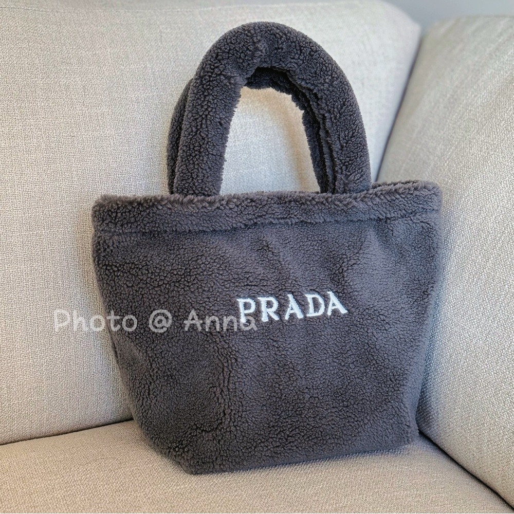 Prada Gray Faux Shearling Tote with White Logo